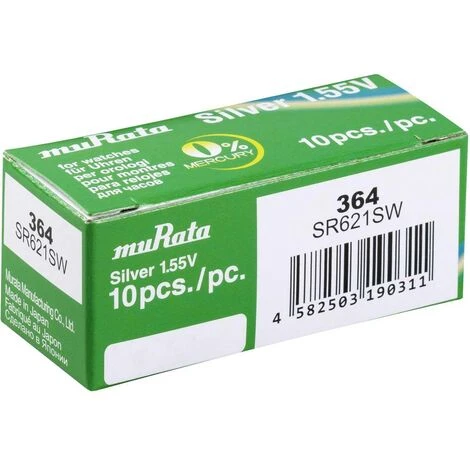 Murata SR621SW-PBWW Pile Bouton 364 Oxyde Dargent 18 MAh 1.55 V 10 Pc(s) 3 Murata SR621SW-PBWW Pile Bouton 364 Oxyde Dargent 18 MAh 1.55 V 10 Pc(s)